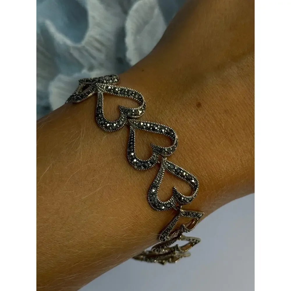 925 Sterling Silver Marcasite Hearts Bracelet Length 7.5